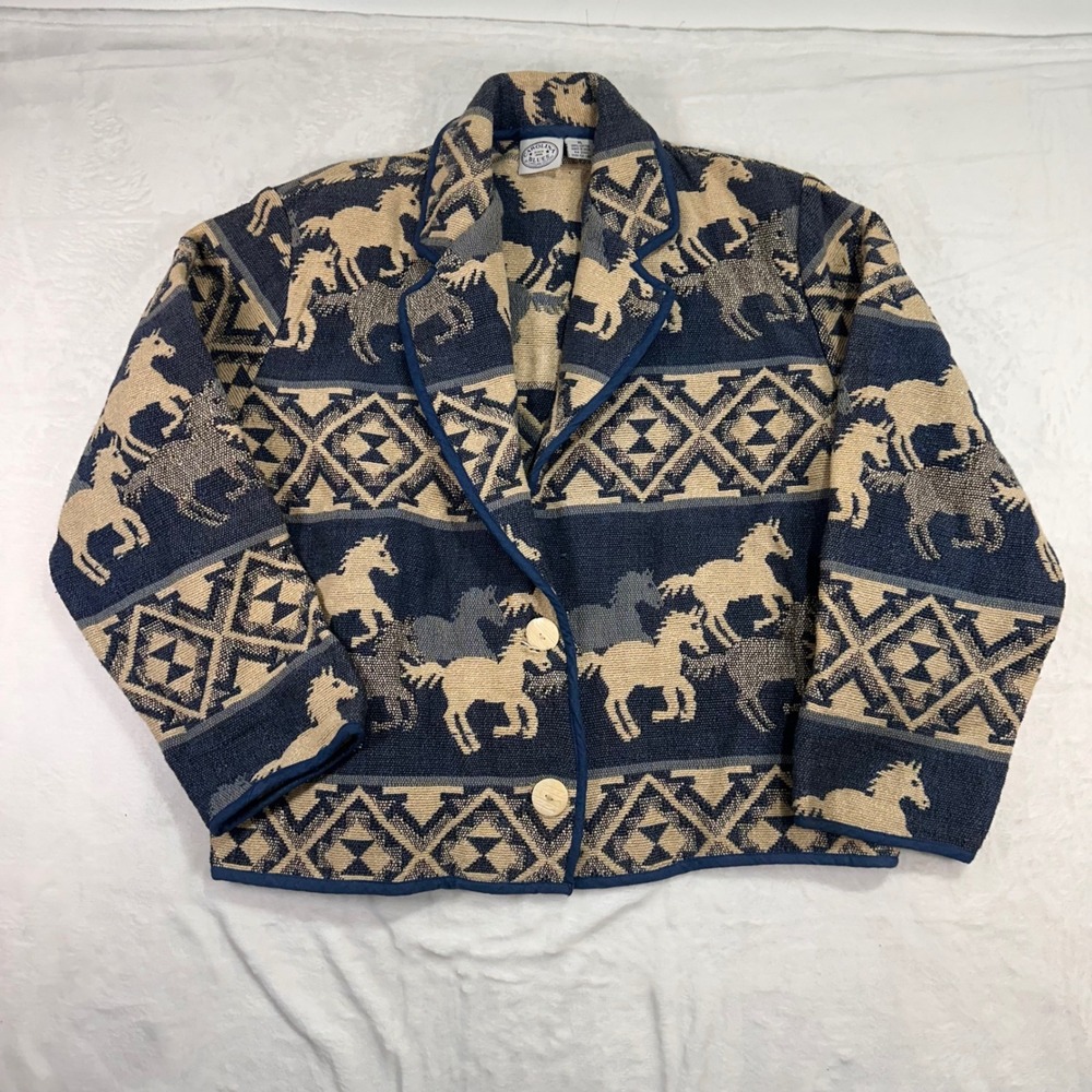 Carolina Blues Tapestry Jacket XL Blue Horse Southwestern Cotton Women rare vtg